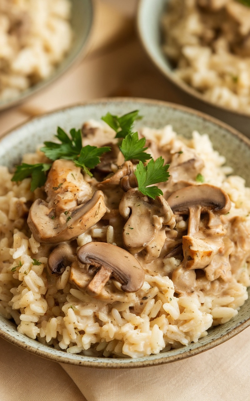 A delicious serving of cream of mushroom rice and chicken, garnished with parsley, in a rustic bowl.